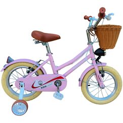 Bicicleta copii 3-6 ani HappyGirl KidsCare roz 14 inch – cu roti ajutatoare, frane de mana, cosulet, pentru fete