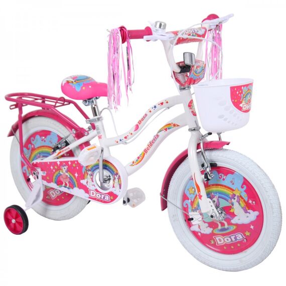 Bicicleta pentru copii 5-8 ani Belderia Dora, roti 16 inch, cu roti ajutatoare si frane V-Brake, alb, cu cosulet si portbagaj, 2 image