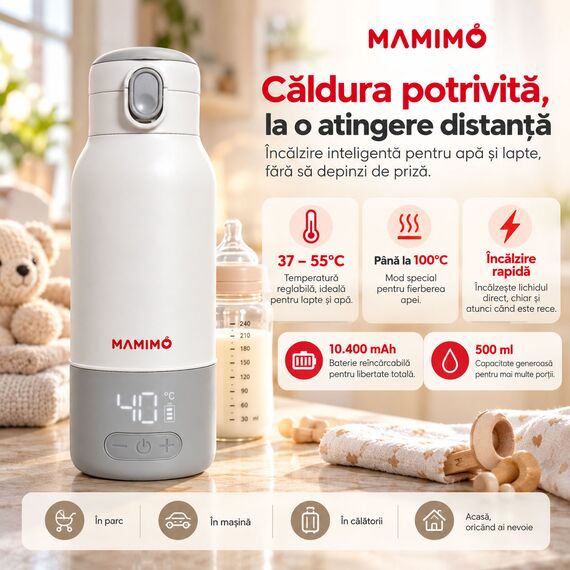 Incalzitor portabil apa si lapte pentru bebelusi Mamimo, termos electric 500 ml, baterie 10.400 mAh, temperatura reglabila 37–55°C si 100°C, incalzire rapida, mentinere temperatura, dezinfectare, afisaj LED, inox 316L, alb/gri, 4 image