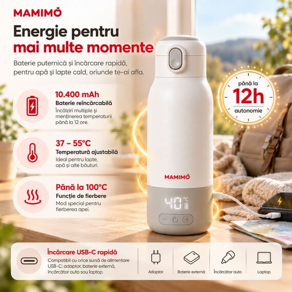 Incalzitor portabil apa si lapte pentru bebelusi Mamimo, termos electric 500 ml, baterie 10.400 mAh, temperatura reglabila 37–55°C si 100°C, incalzire rapida, mentinere temperatura, dezinfectare, afisaj LED, inox 316L, alb/gri, 5 image