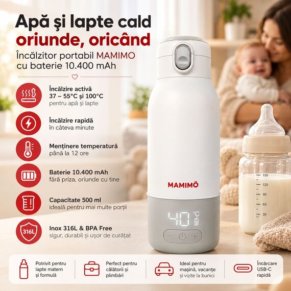 Incalzitor portabil apa si lapte pentru bebelusi Mamimo, termos electric 500 ml, baterie 10.400 mAh, temperatura reglabila 37–55°C si 100°C, incalzire rapida, mentinere temperatura, dezinfectare, afisaj LED, inox 316L, alb/gri, 6 image