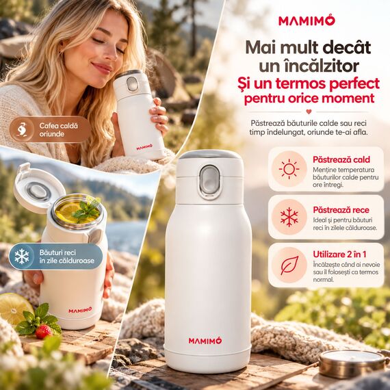 Incalzitor portabil apa si lapte pentru bebelusi Mamimo, termos electric 500 ml, baterie 10.400 mAh, temperatura reglabila 37–55°C si 100°C, incalzire rapida, mentinere temperatura, dezinfectare, afisaj LED, inox 316L, alb/gri, 8 image