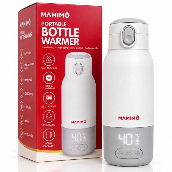 Incalzitor portabil apa si lapte pentru bebelusi Mamimo, termos electric 500 ml, baterie 10.400 mAh, temperatura reglabila 37–55°C si 100°C, incalzire rapida, mentinere temperatura, dezinfectare, afisaj LED, inox 316L, alb/gri